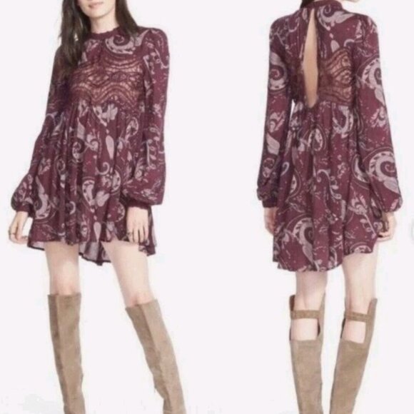 Free People Boho Hippie Lace Whimsigoth Paisley Sz XS Tunic Mini Dress Burgundy - Picture 1 of 12